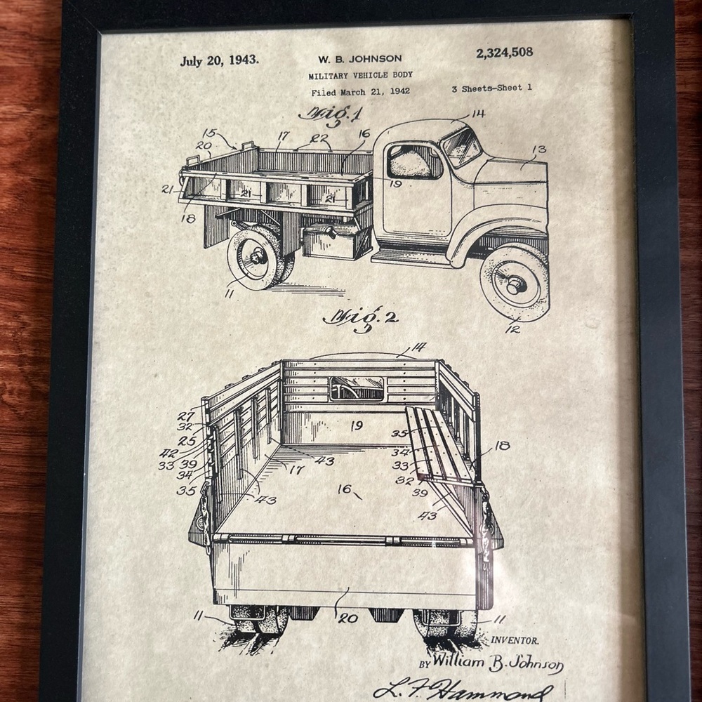 Framed 1943 military vehicle patent art print